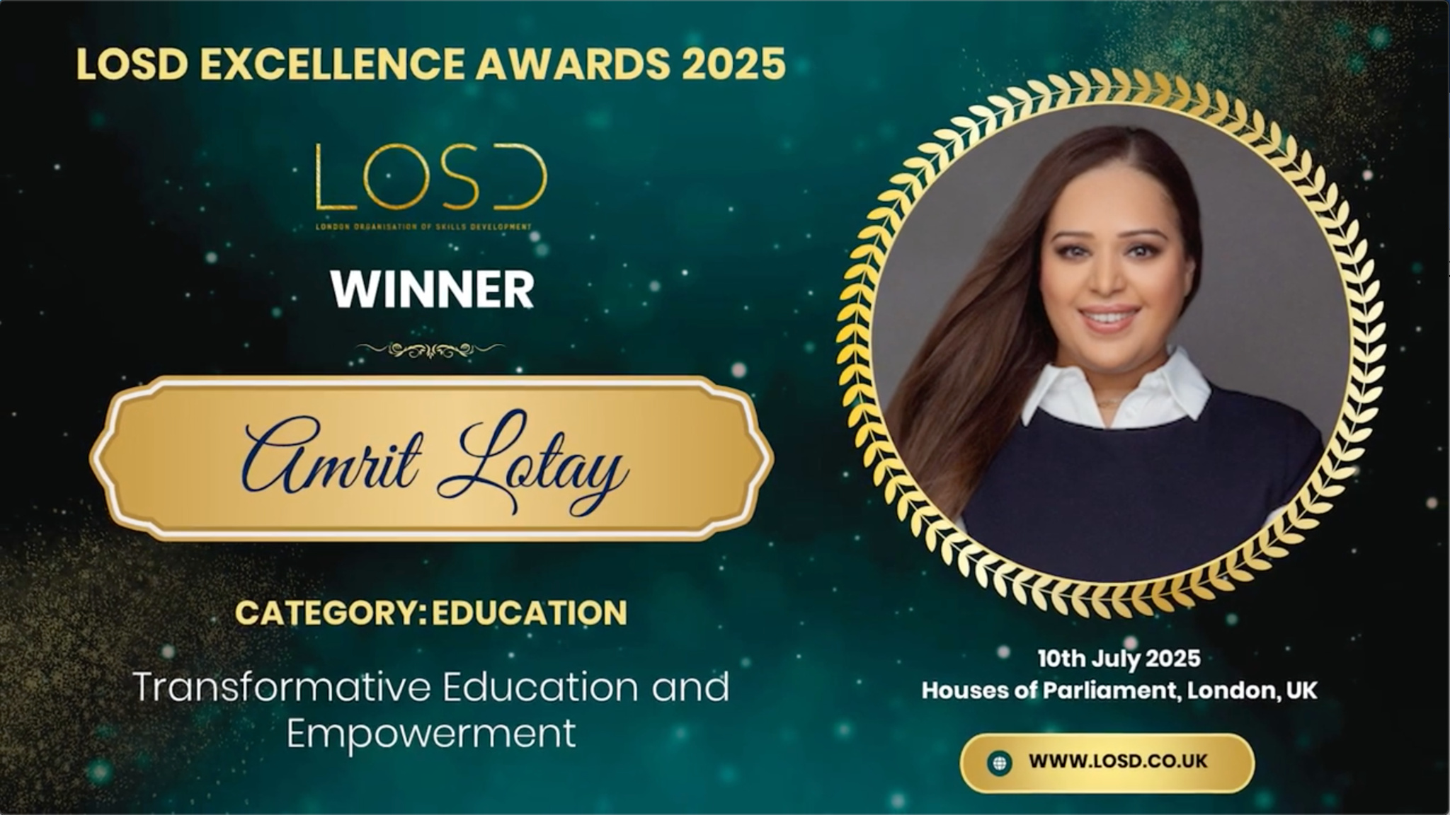 LOSD Excellence Awards 2025 | Houses of Parliament, London UK | Amrit Lotay